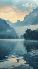 Peaceful mountain lake with mist and calm water, perfect pastel tone, whimsical style, high resolution, professional create, very detailed, high quality