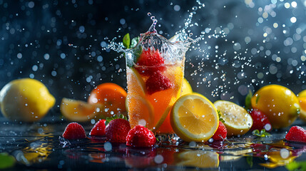 A glass of fruit juice with vibrant fruit slices plunging into it creating a burst of flavor. Fresh fruit cocktail in freeze motion splashing closeup. A variety of sliced fruits splashing into a glass