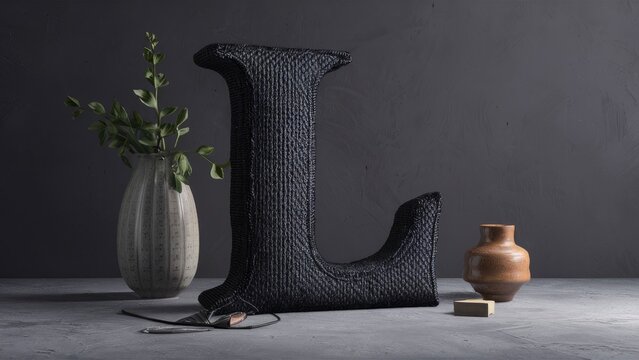 Stylish 3D rendering of the letter L featuring intricate black fabric texture ideal for contemporary design applications Elegant 3D letter L in black textile with detailed stitching