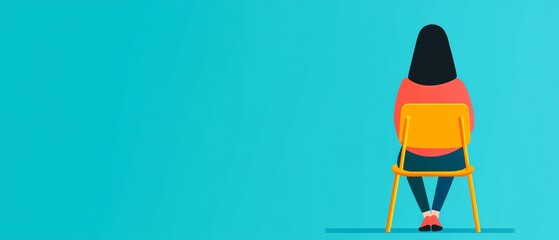 Fototapeta premium Illustration of a woman sitting on a chair facing a blue background. Minimalistic design depicting solitude and contemplation.