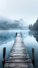 Naklejka premium Serene lake with a wooden dock and mist rising from the water, perfect pastel tone, whimsical style, high resolution, professional create, very detailed, high quality