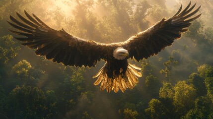 Obraz premium Majestic eagle soaring above a forest, high quality
