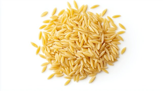 A pile of orzo pasta, on a white background