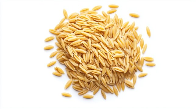A pile of orzo pasta, on a white background
