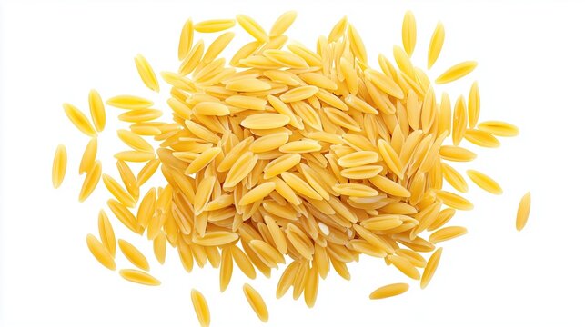 A pile of orzo pasta, on a white background