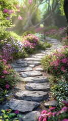 Tranquil garden with a stone pathway and blooming flowers, perfect pastel tone, whimsical style, high resolution, professional create, very detailed, high quality