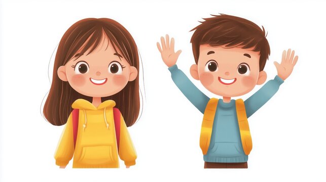 A girl and boy joyfully waving hello while smiling brightly - Powered by Adobe