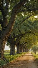 Fototapeta premium trees line a dirt road in a rural area with a bench
