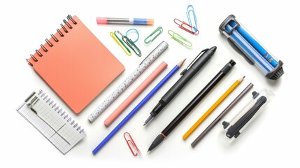 Various stationery items such as pens, pencils, and notepads isolated on a white background, arranged neatly.