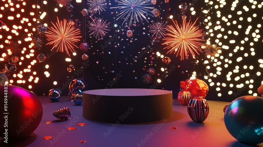 Poster a photo of an empty 3d podium with a geometric design, illuminated by fireworks and surrounded by ne