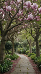 Fototapeta premium a walkway with pink flowers and trees in a park