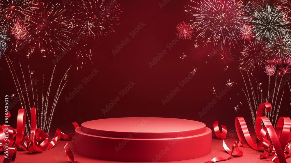 Poster a photo of an empty 3d podium with a vibrant red design, highlighted by streams of fireworks and fes