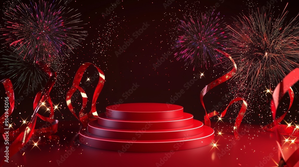 Aufkleber a photo of an empty 3d podium with a vibrant red design, highlighted by streams of fireworks and fes