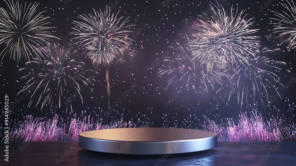 Poster a photo of an empty 3d podium with a sleek silver surface, set in front of a grand display of firewo