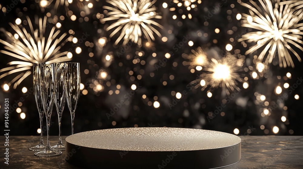 Poster a photo of an empty 3d podium with a sparkling surface, set against a backdrop of fireworks and cham