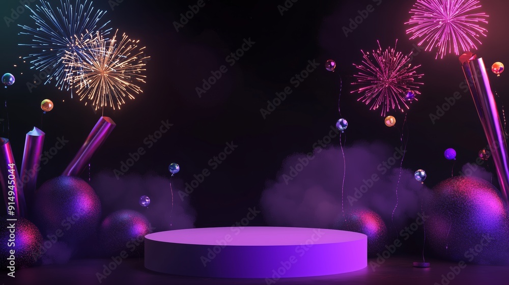Poster a photo of an empty 3d podium with a minimalist design, highlighted by colorful fireworks and festiv