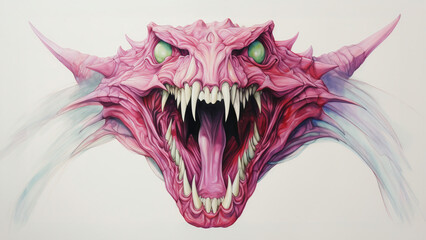 the dragon's mouth has open teeth and large teeth, in the style of light magenta and light emerald, minimalist line drawings, light green and dark crimson, symmetrical arrangements, 