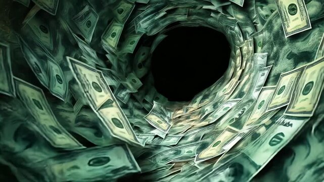 Dollars Flowing into Black Hole - Money Vortex, Financial Crisis, Economic Disaster, Conceptual Imagery, Nighttime, Surreal Theme, Finance Loss, Infinite Abyss