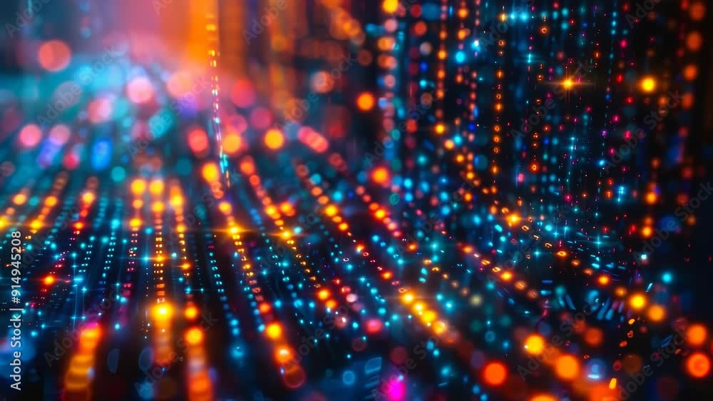 Poster intricate encrypted data streams at night: digital cityscape highlighting cybersecurity and data pro