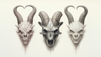 three drawings of a skull with horns, in the style of fantasy creatures, minimalist portraits, renaissance-inspired draftsman, interactive artwork, manticore,