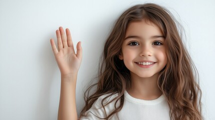 A cheerful girl waves her hand with a big smile on her face