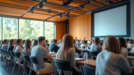 Fototapeta premium Diverse group participates in an engaging seminar within a modern conference room, showcasing collaboration and knowledge sharing.