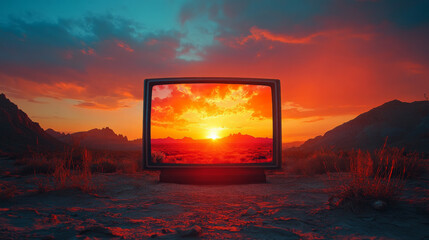 Vintage 80s TV Displaying Desert Landscape at Sunset