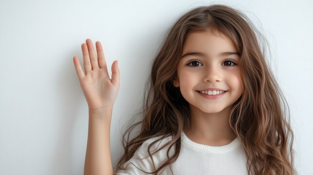 A cheerful girl waves her hand with a big smile on her face