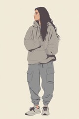 Fototapeta premium Minimalism illustration, a Middle Eastern woman, wearing a cozy hoodie with cargo pants and running shoes, standing with arms folded, casual fashion, boho, flat illustration on light sage background 