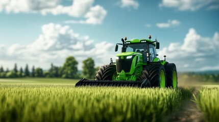 Obraz premium A vibrant green tractor working through a lush field under a bright sky, symbolizing modern agriculture and farming.
