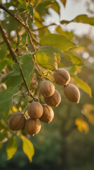 a many fruits hanging from a tree branch in the sun
