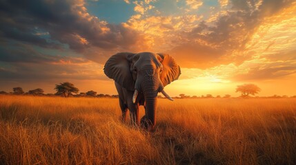 Naklejka premium Majestic elephant walking through a savannah at sunset, high quality