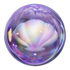 A shell in a purple bubble. 3D cute cartoon perfect for underwater animations, educational exhibits, marine biology visualizations, oceanic simulation.