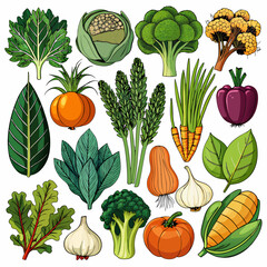 Extensive Collection of Vegetables, Fruits, and Berries Isolated on White Background for Fresh Produce Illustrations, Healthy Eating, and Clean, Modern Food Design Projects