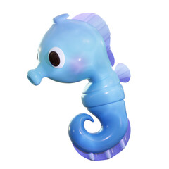 A blue seahorse with a purple fin. 3D cute cartoon perfect for underwater animations, educational exhibits, marine biology visualizations, oceanic simulation.