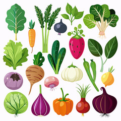 Extensive Collection of Vegetables, Fruits, and Berries Isolated on White Background for Fresh Produce Illustrations, Healthy Eating, and Clean, Modern Food Design Projects