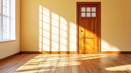 Obraz premium A sunny interior with warm yellow walls, showcasing wooden floors and a classic door.