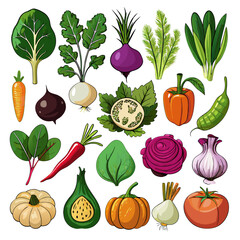 Extensive Collection of Vegetables, Fruits, and Berries Isolated on White Background for Fresh Produce Illustrations, Healthy Eating, and Clean, Modern Food Design Projects