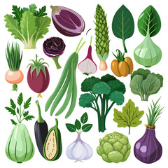 Detailed Collection of Vegetables and Fruits Isolated on White Background, Featuring Fresh Produce Sets for Healthy Eating, Grocery Branding, and Clean, Modern Food Illustrations