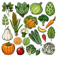 Detailed Collection of Vegetables and Fruits Isolated on White Background, Featuring Fresh Produce Sets for Healthy Eating, Grocery Branding, and Clean, Modern Food Illustrations