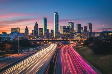 Obraz premium A vibrant cityscape of Houston, Texas, showcasing skyscrapers against a colorful sunset.