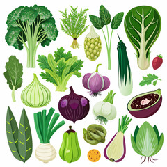 Detailed Collection of Vegetables and Fruits Isolated on White Background, Featuring Fresh Produce Sets for Healthy Eating, Grocery Branding, and Clean, Modern Food Illustrations
