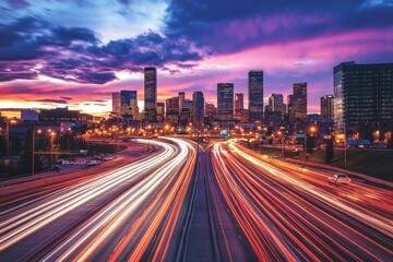 Fototapeta premium A vibrant city skyline at dusk with colorful clouds and light trails from moving vehicles on a highway.
