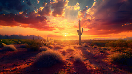 Obraz premium Desert Sunset with Cactus Landscape Photo