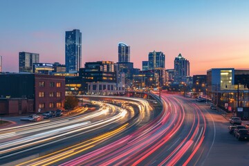 Obraz premium A vibrant city skyline at dusk, showcasing tall buildings and a busy road with light trails from moving vehicles.