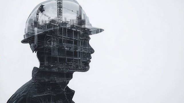 Double exposure of a construction worker against an urban construction site white backdrop