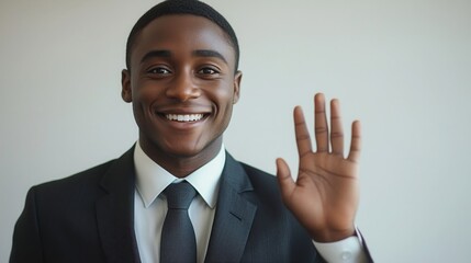 A cheerful man in business attire greets with a friendly wave in an office setting