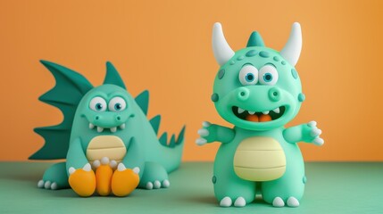 Naklejka premium A playful 3D monster stands boldly, while a fierce dragon looms behind, combining fun with fantasy in vibrant colors.