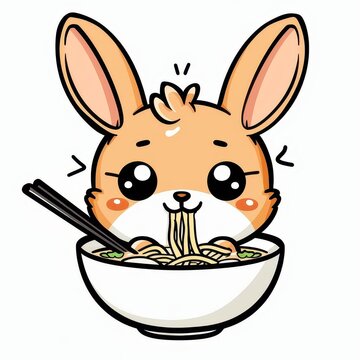 recommend clip art: Adorable kawaii bunny happily dipping its long ears into a ramen bowl, featuring vibrant colors and sharp outlines.