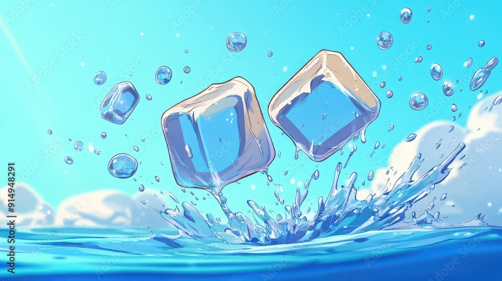 Poster cool floating ice cubes shimmer in a bright aqua backdrop, with playful bubbles adding a fun touch t